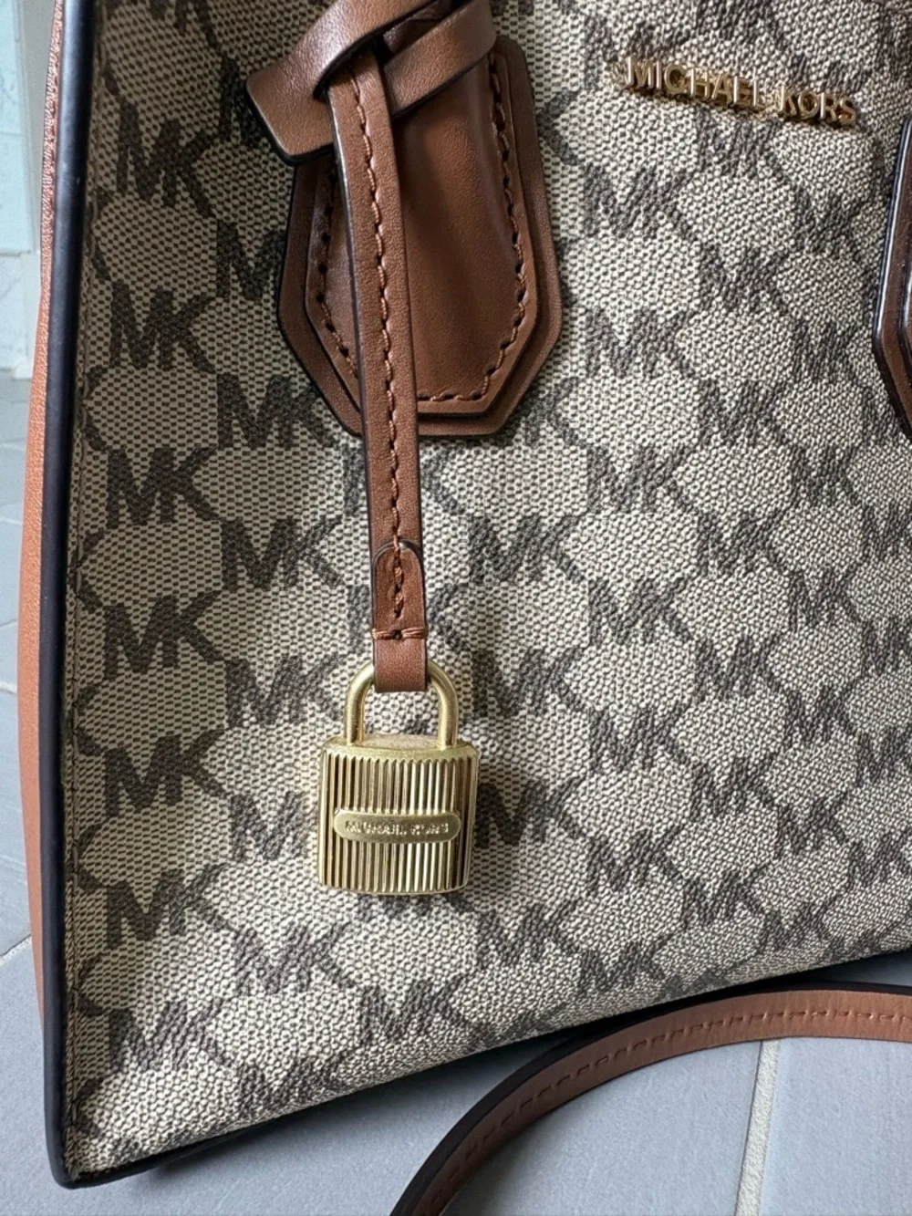 Michael Kors Medium Mercer Canvas Crossbody | Tan and Beige with Logo Print